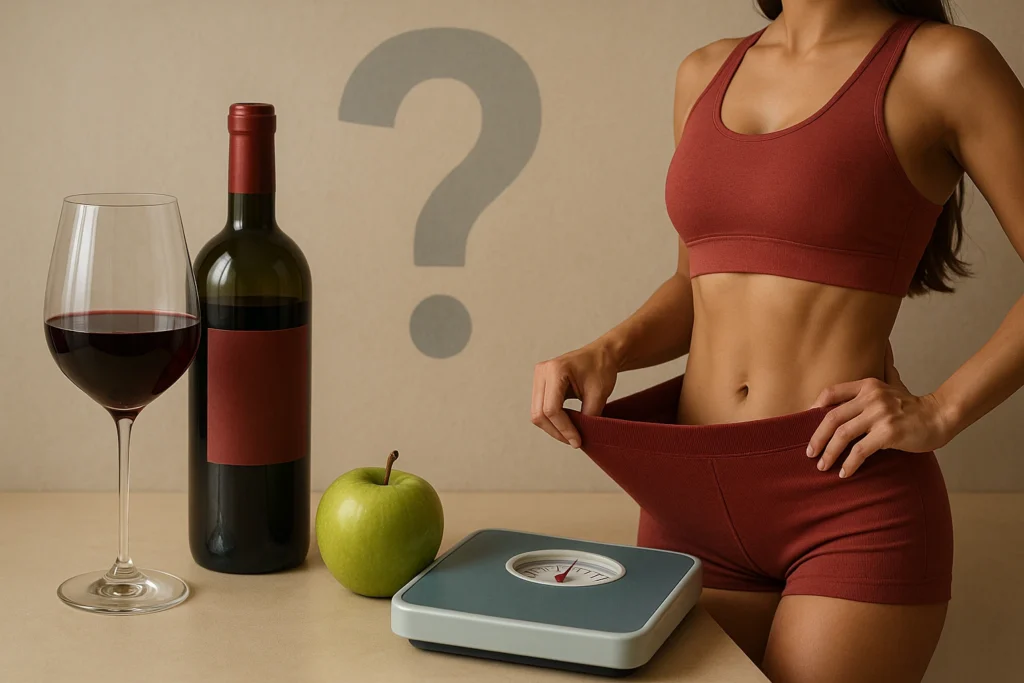 Imagem realista mostrando uma taça de vinho, uma garrafa de bebida alcoólica, uma maçã verde e uma balança ao lado de uma mulher fit medindo a própria cintura, simbolizando a relação entre consumo de álcool e impacto no emagrecimento.