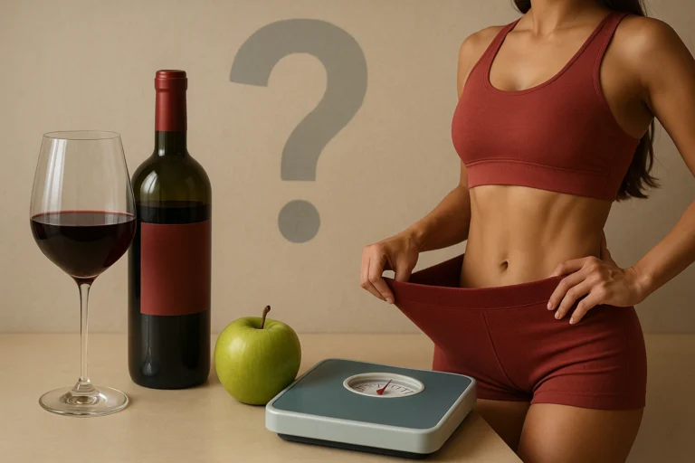 Imagem realista mostrando uma taça de vinho, uma garrafa de bebida alcoólica, uma maçã verde e uma balança ao lado de uma mulher fit medindo a própria cintura, simbolizando a relação entre consumo de álcool e impacto no emagrecimento.