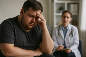 Pessoa com expressão de desconforto emocional em ambiente clínico, simbolizando o impacto do estigma da obesidade e do viés de peso na saúde física e mental.