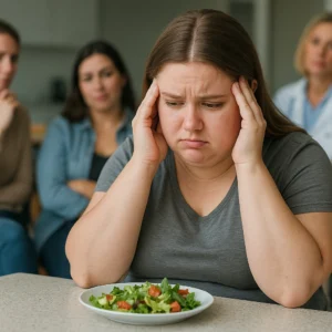 Mulher com expressão de sofrimento emocional diante de uma refeição, em ambiente social, representando os impactos do estigma da obesidade e do viés de peso na saúde mental.