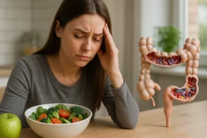 Mulher sentada à mesa com expressão de desconforto emocional, ao lado de alimentos saudáveis e representação do intestino, ilustrando a relação entre microbioma intestinal e saúde mental.