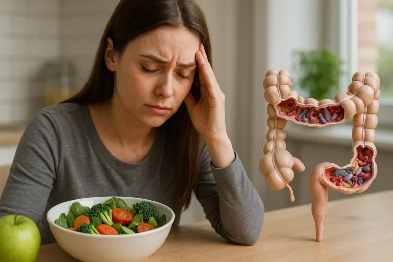 Mulher sentada à mesa com expressão de desconforto emocional, ao lado de alimentos saudáveis e representação do intestino, ilustrando a relação entre microbioma intestinal e saúde mental.