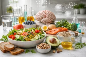 Alimentos naturais ricos em proteínas, fibras e gorduras boas ao lado de representação do cérebro, ilustrando o processo fisiológico da saciedade e do controle do apetite.