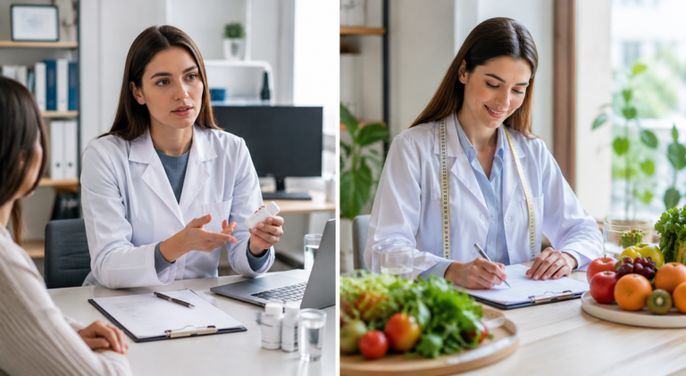 Consulta nutricional em ambiente clínico, com profissional de saúde orientando paciente sobre alimentação, suplementação e cuidados individualizados para promoção da saúde e qualidade de vida.