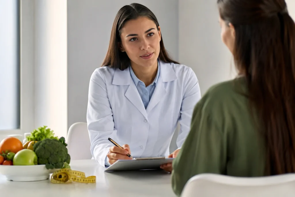 Nutricionista clínico realizando consulta com paciente em consultório, utilizando plano alimentar personalizado e alimentos saudáveis como apoio ao tratamento de doenças metabólicas.