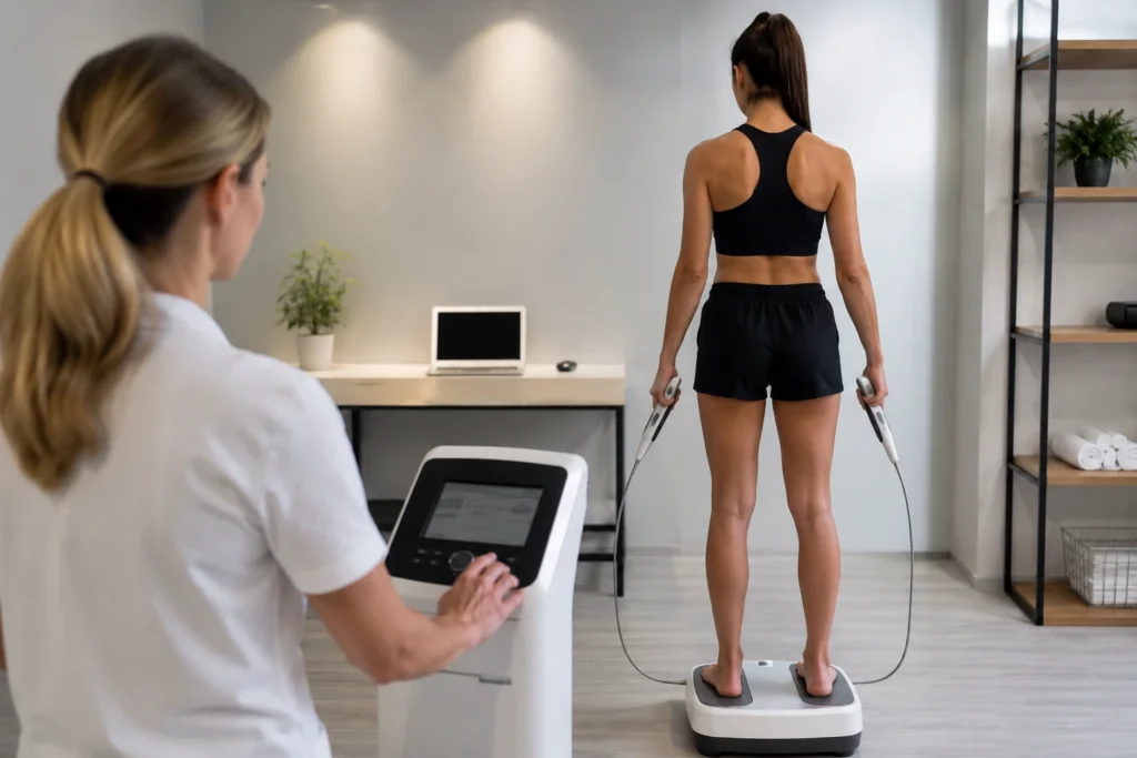 Profissional de saúde realizando exame de bioimpedância em paciente para avaliação da composição corporal em ambiente clínico moderno.