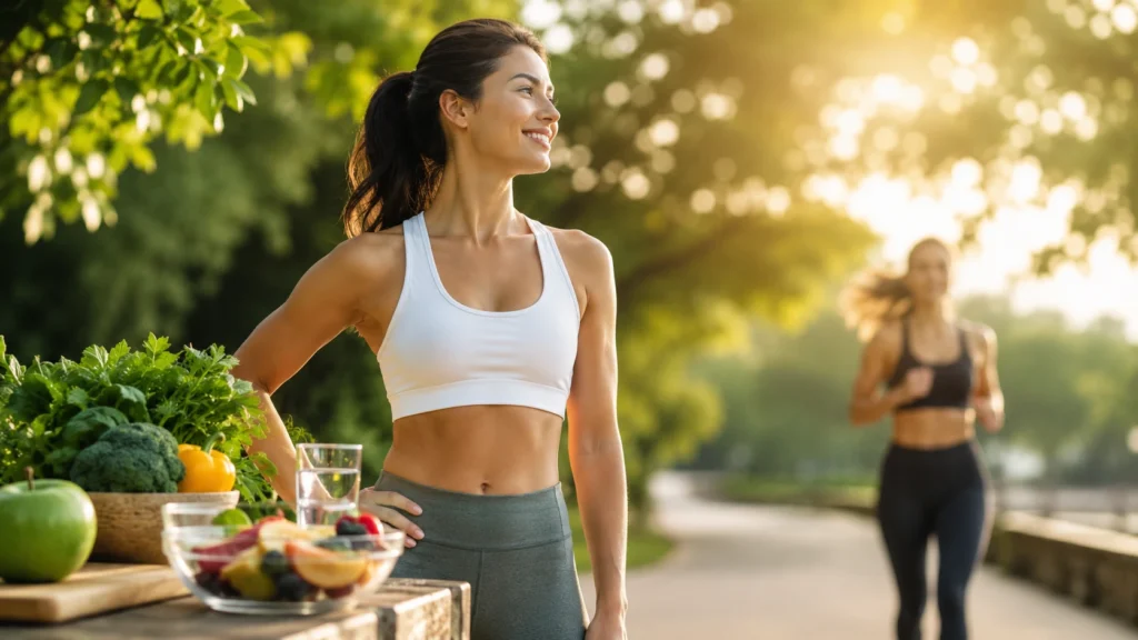 Mulher com aparência saudável e confiante ao ar livre, cercada por alimentos naturais e praticando um estilo de vida ativo, representando os benefícios da nutrologia para a qualidade de vida, saúde e autoestima.